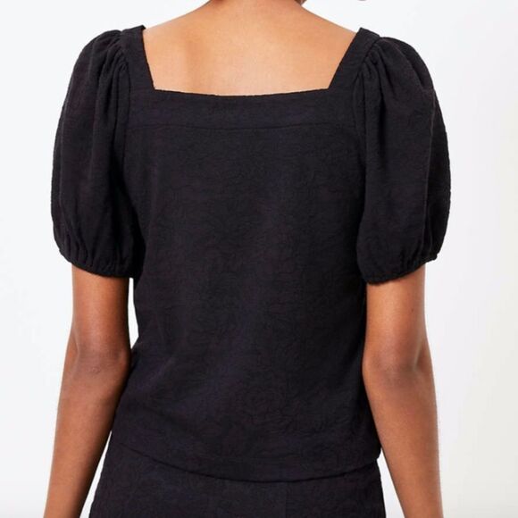 Loft Black Square Neck Puff Sleeve Floral Jacquard T Shirt Top Classic Gothic L - Picture 2 of 10